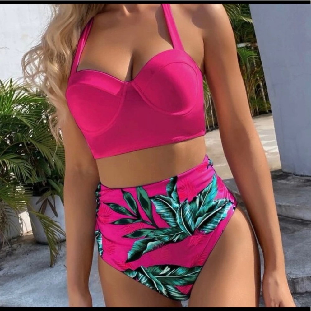 Tropical Hot Pink Push Up High Waisted Bikini 👙 (size L)
